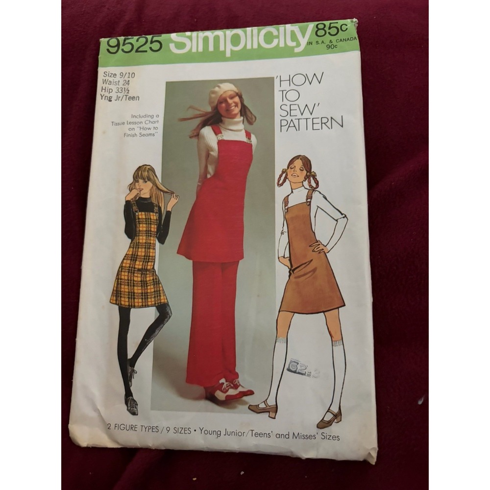 VTG SIMPLICITY PATTERN #9525 MISSES SZ 9/10 Yng Jr/teen JUMPER, PANTS 1971 USED